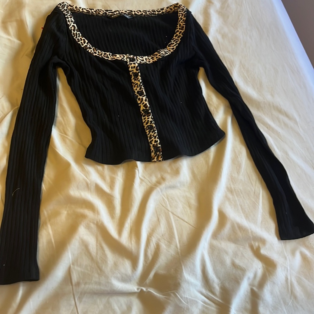 SHEIN button front contrast leopard trim rib-knit time